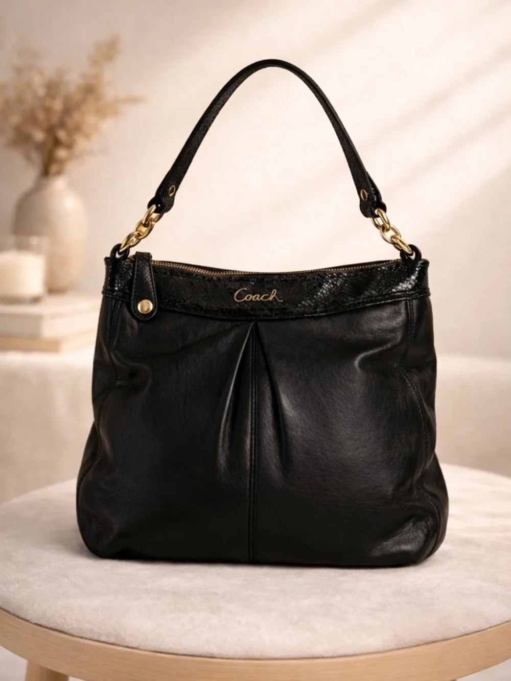Coach Black Leather Shoulder Bag Snake Embossed Gold Hardware